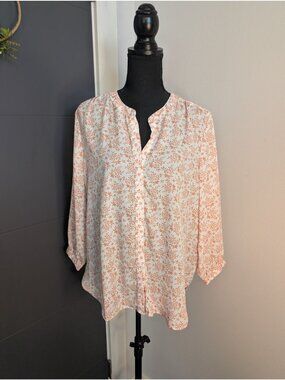 Jachs Girlfriend Womens White & Coral  Floral Print 3/4 Sleeve Blouse - Medium